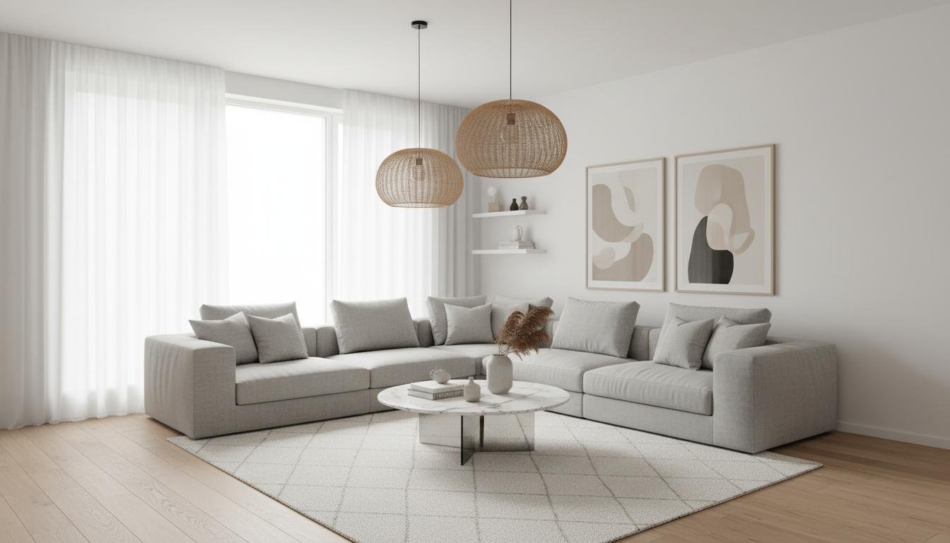 Sala elegante com sofá claro higienizado
